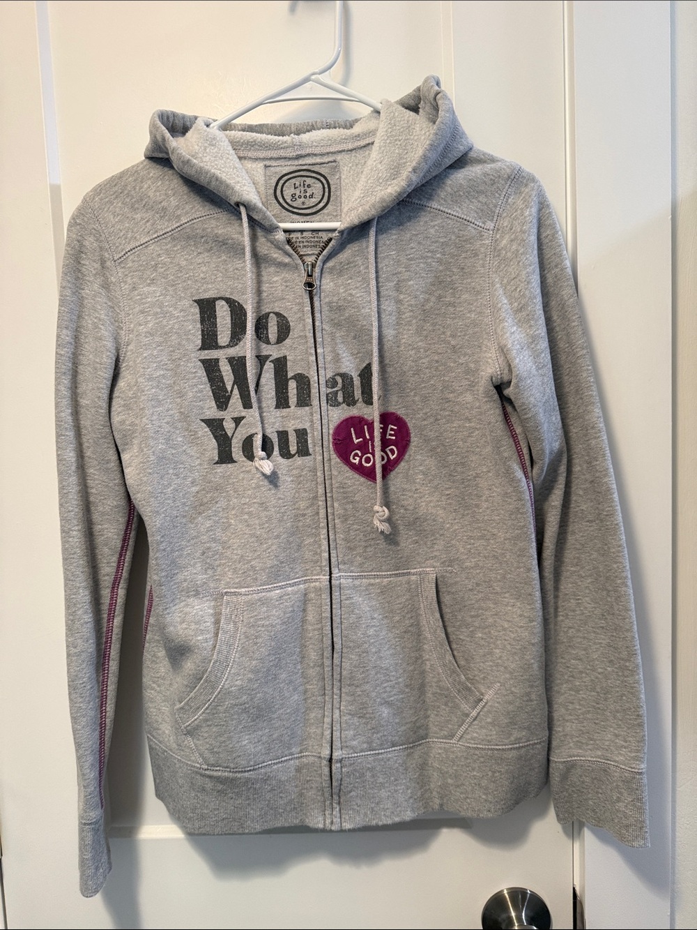 Life Is Good Women's Light Gray Zip Hoodie with Purple Heart Graphic Size S